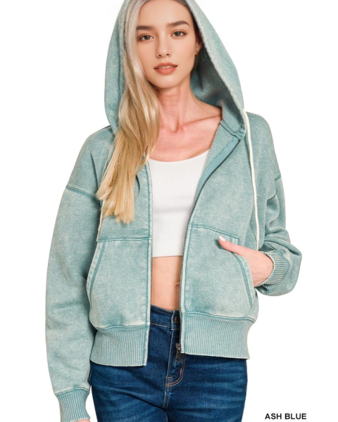 Acid Wash Cropped Zip Hoodie